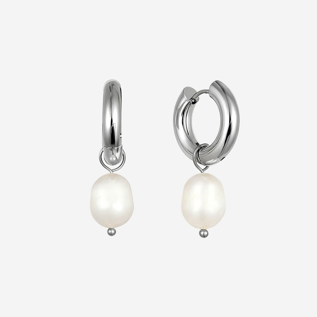 Phoebe Pearl Huggie Earrings - Silver