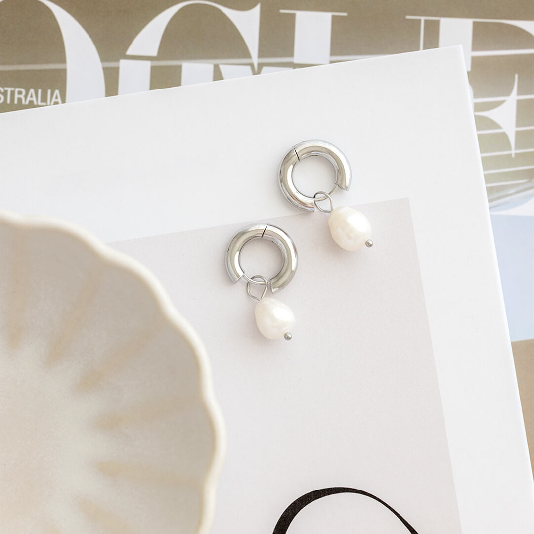 Phoebe Pearl Huggie Earrings - Silver